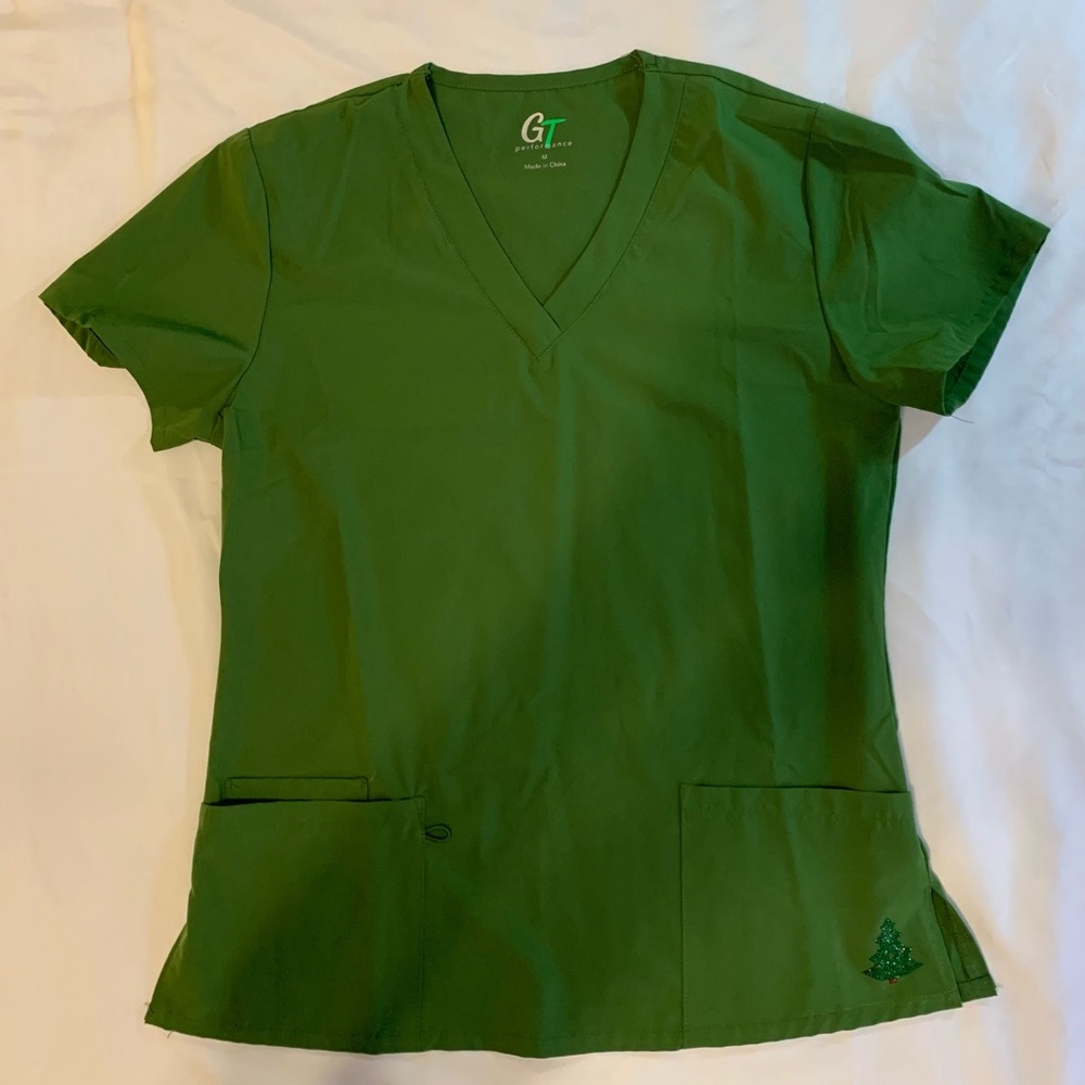 Green GT Performance V-Neck Scrub Top with Bling Christmas Tree on Pocket Size M
